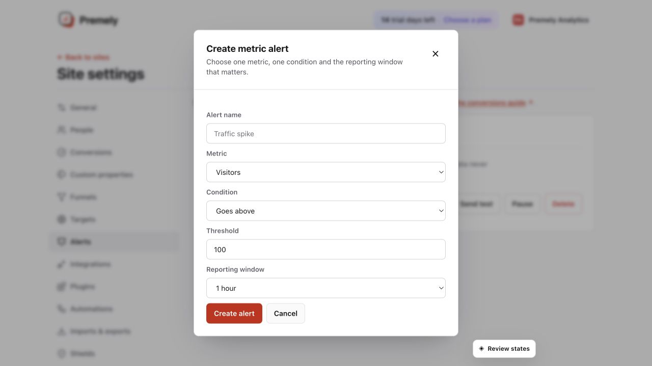 Premely Create alert dialog with metric, condition, threshold and window fields.