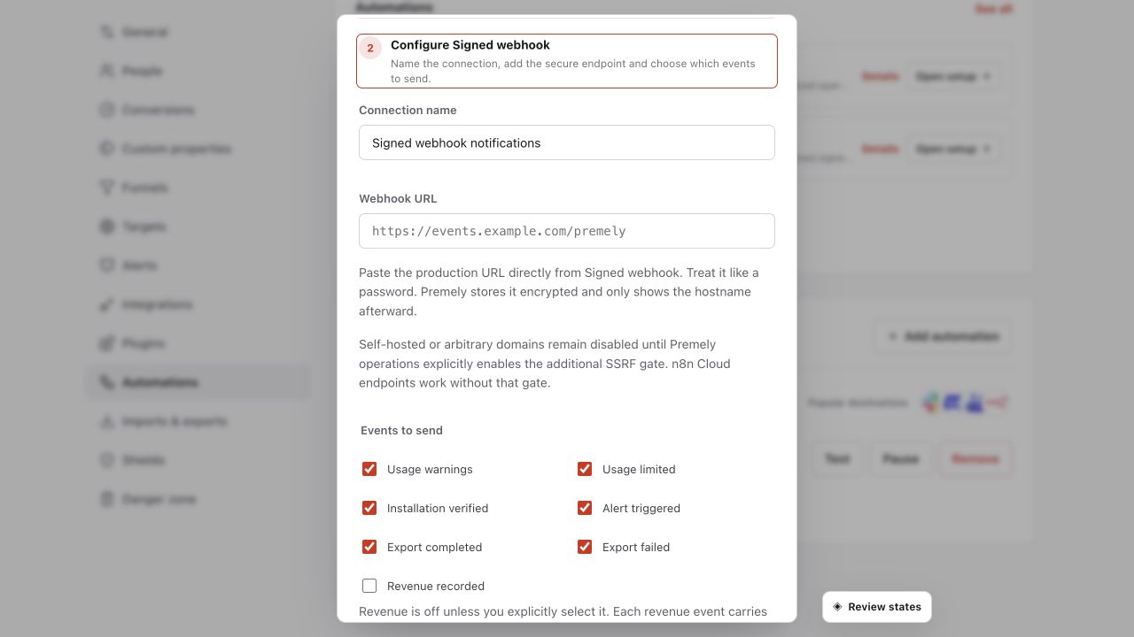 Premely signed webhook automation form in Light mode with destination URL and event-selection controls.