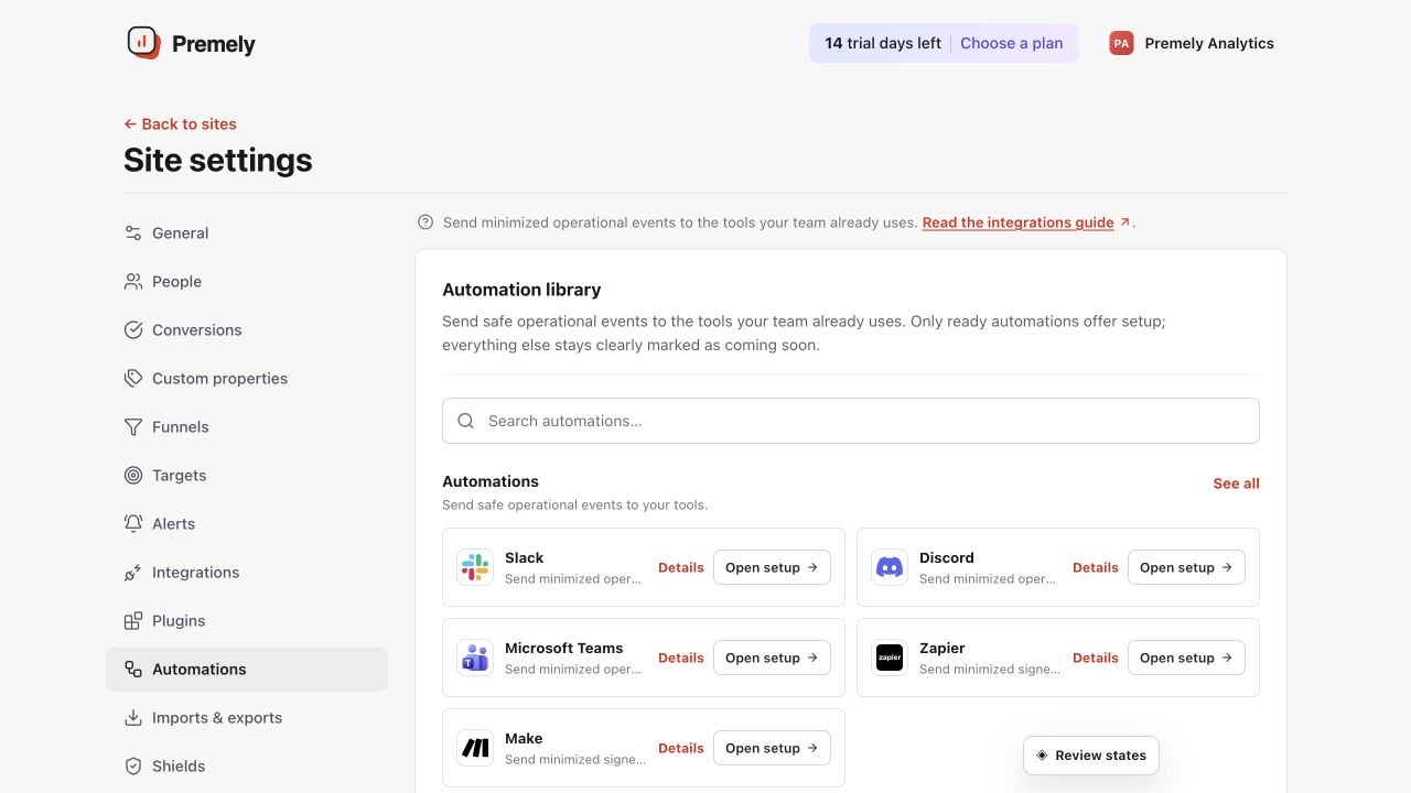 Premely Automations settings showing Slack among the available destinations.