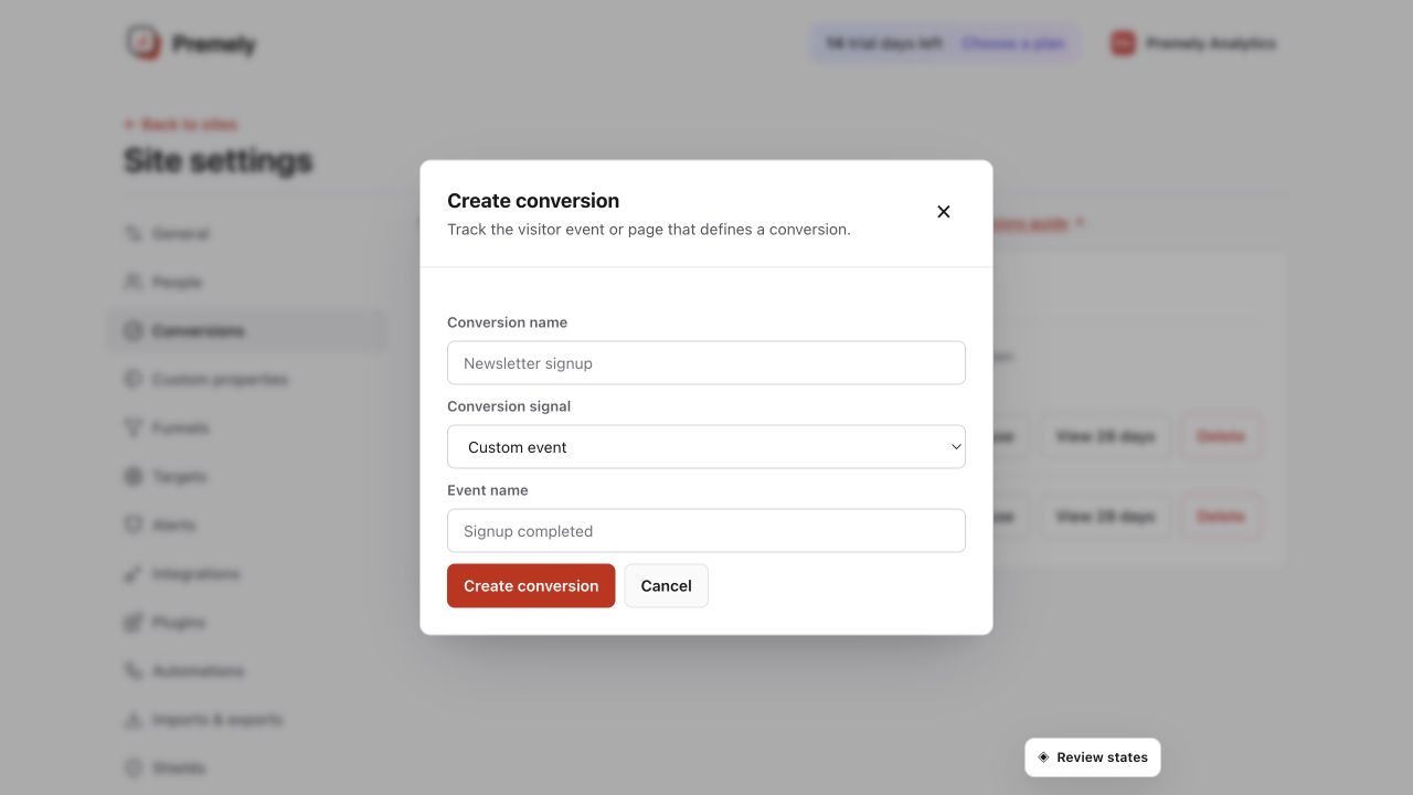 Premely Create conversion dialog configured for a custom event name.