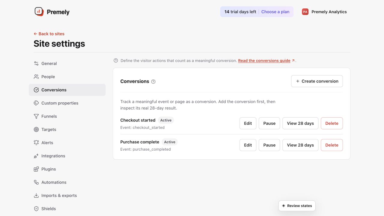 Premely Conversions settings with the current goals and Create conversion button.
