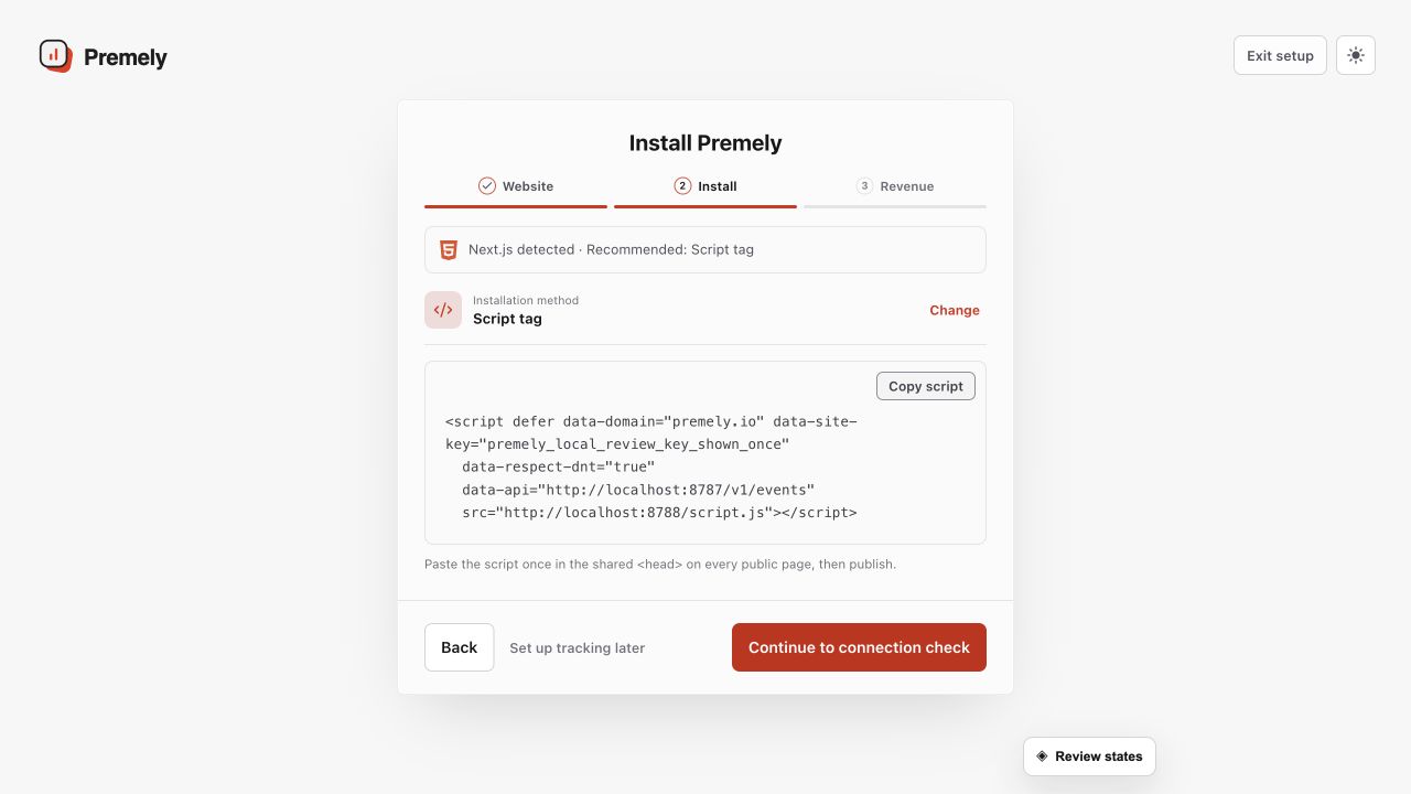 Premely installation screen with the generated tracking code, copy action and connection verification step.