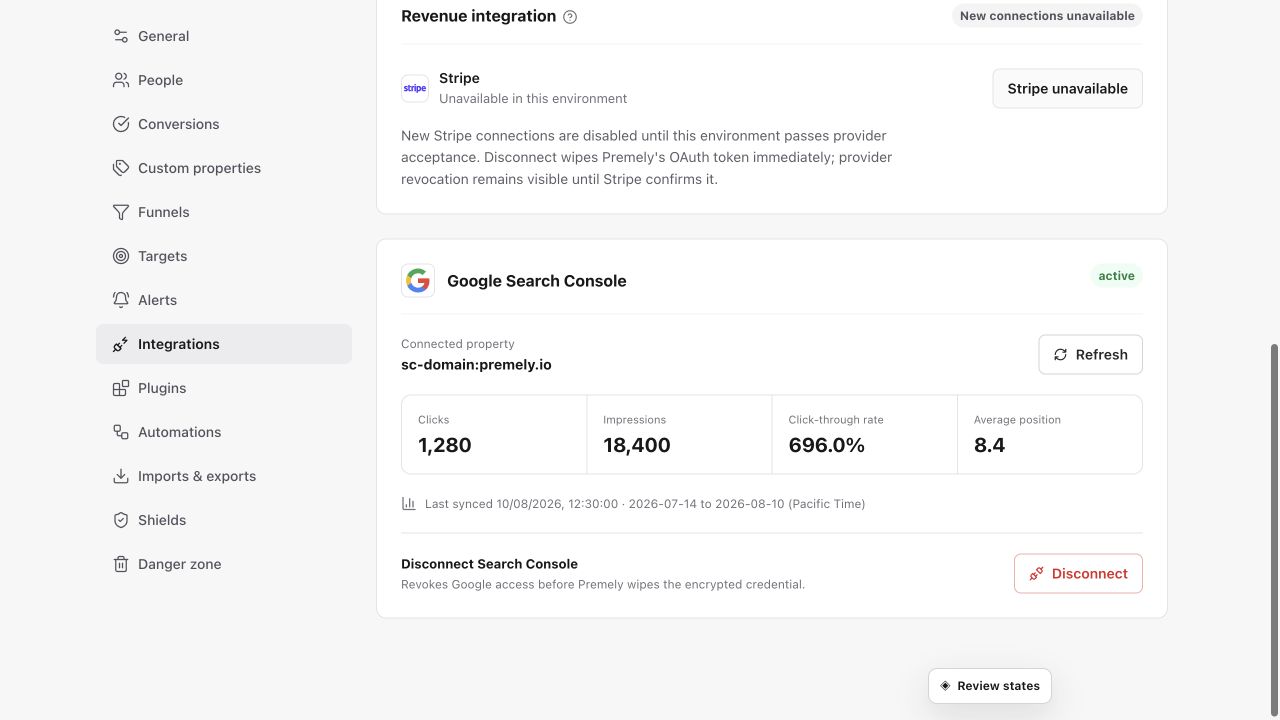 Premely Google Search Console setup dialog in Light mode with the real provider logo and connection controls.