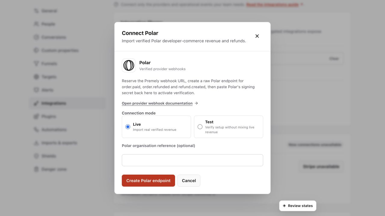 Premely Polar revenue setup dialog in Light mode with the real Polar logo and provider-specific controls.