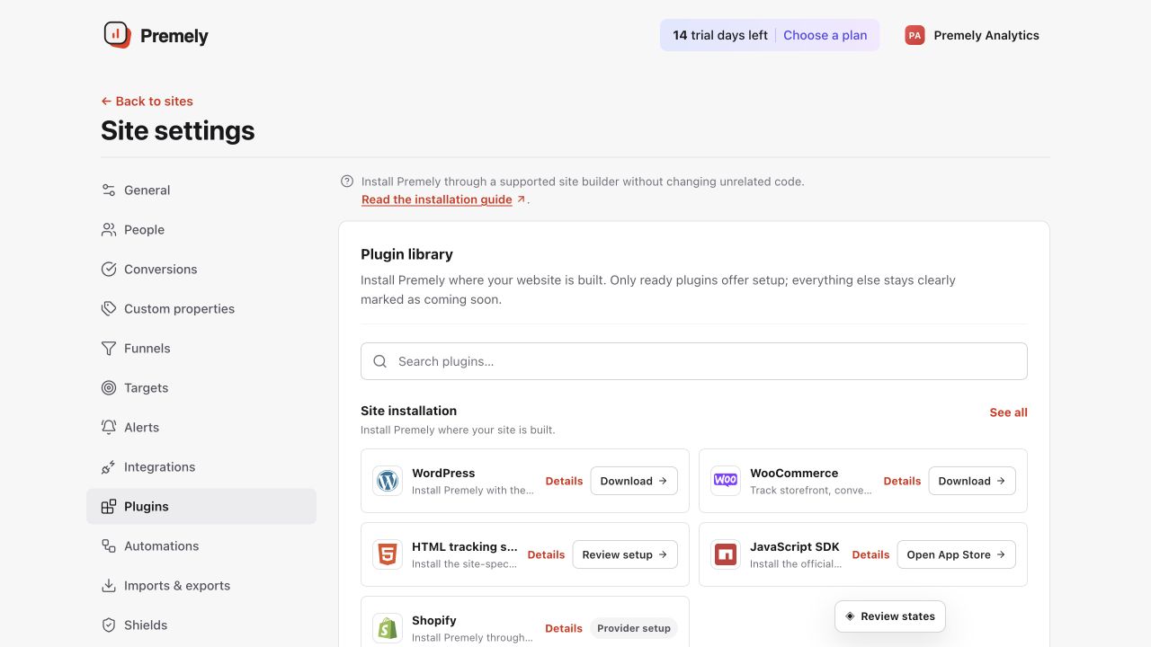 Premely Plugins settings showing Squarespace among the available installation options.