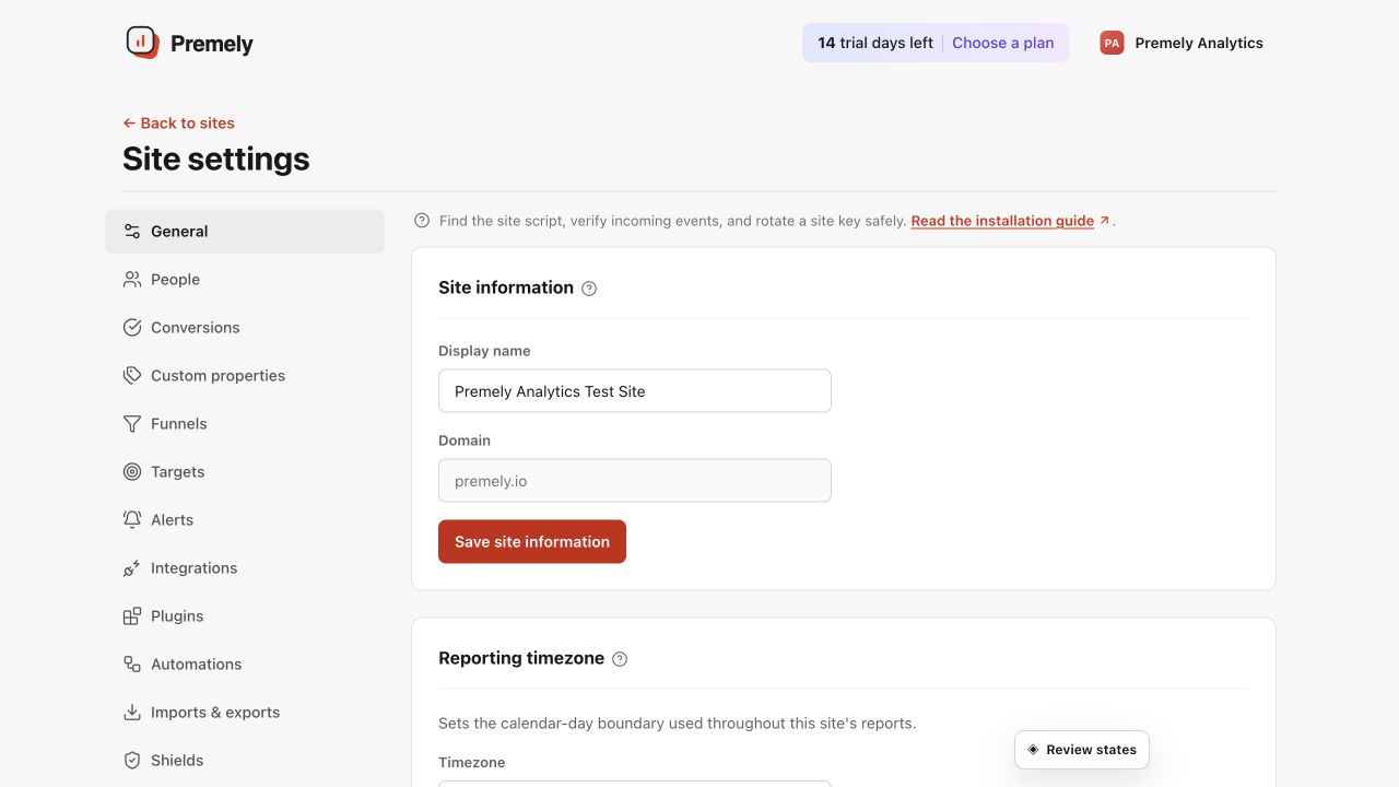 Premely site General settings showing the domain, display name and grouped settings navigation.