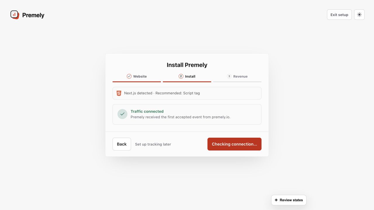 Premely Light mode setup screen confirming that traffic is connected and the site is ready to open in the dashboard.