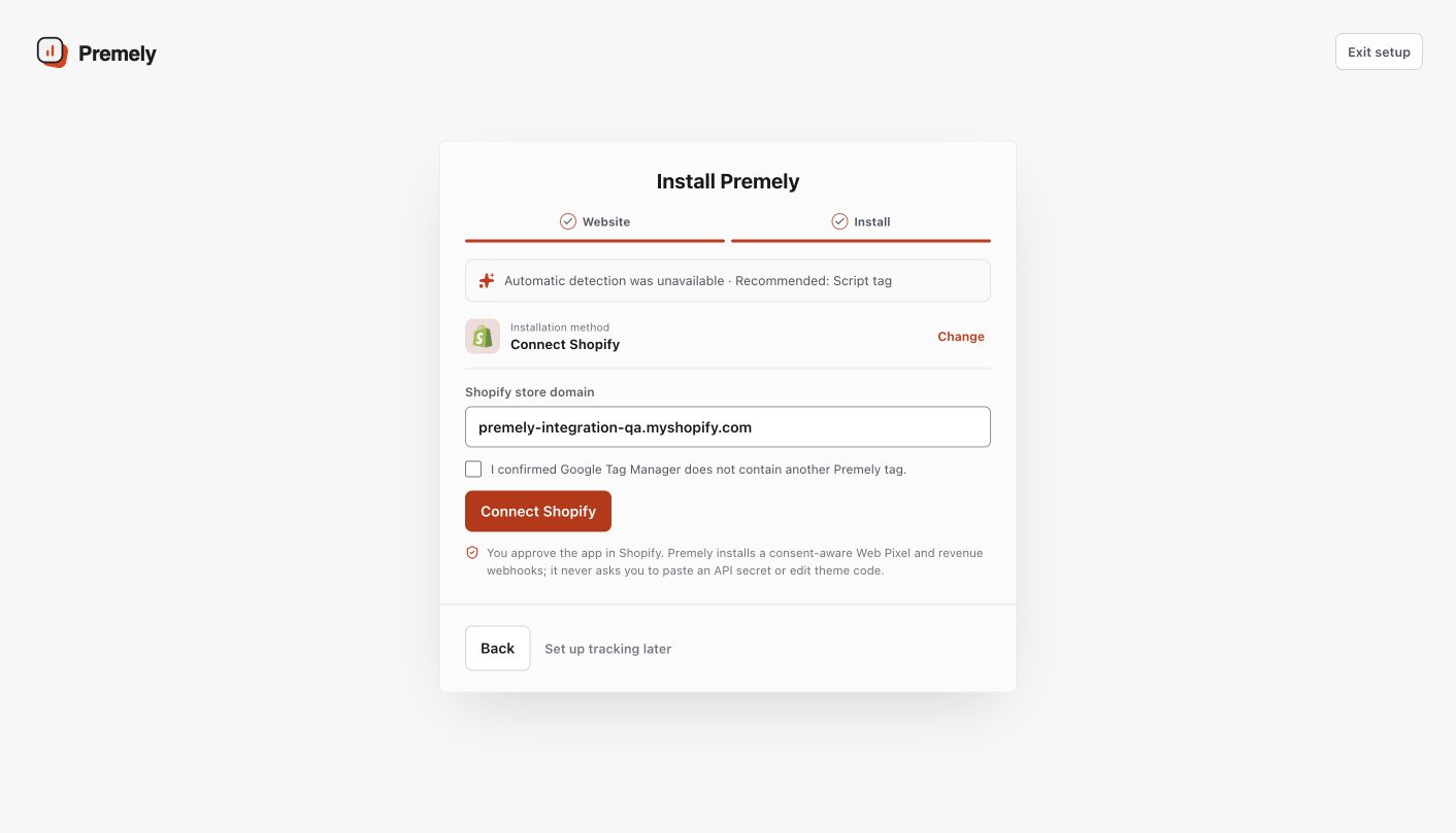 The live Premely Shopify installer showing the Connect Shopify method, the exact .myshopify.com store domain, the GTM duplicate-installation check and the Connect Shopify button.