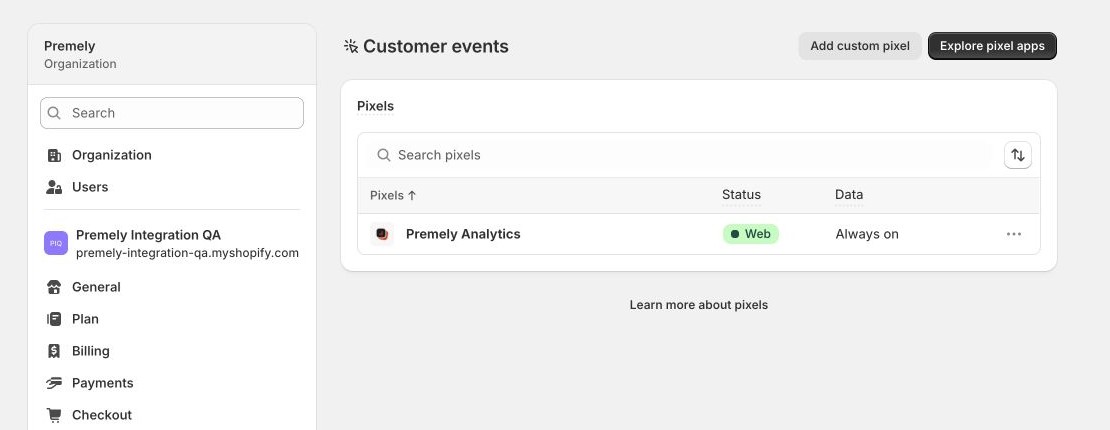 Shopify Customer events showing the official Premely Analytics Web Pixel with Web status and Always on data status.