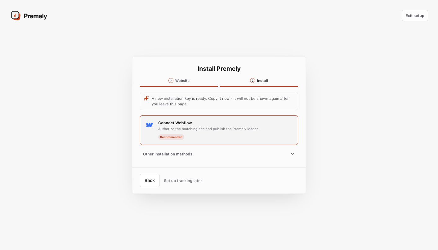 The Premely installation screen with Connect Webflow available as the installation method.