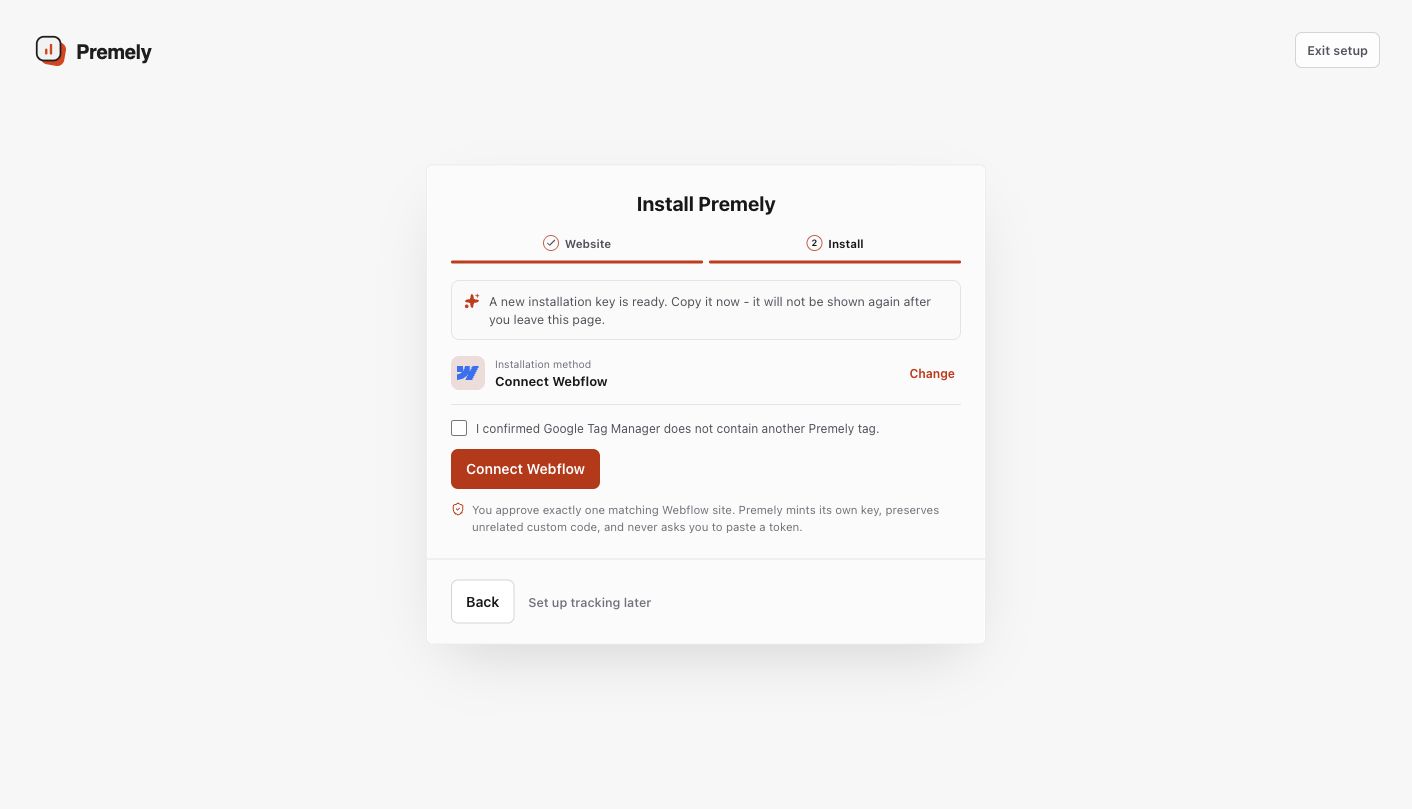 The Premely installation screen showing the Google Tag Manager duplicate check and the Connect Webflow button.