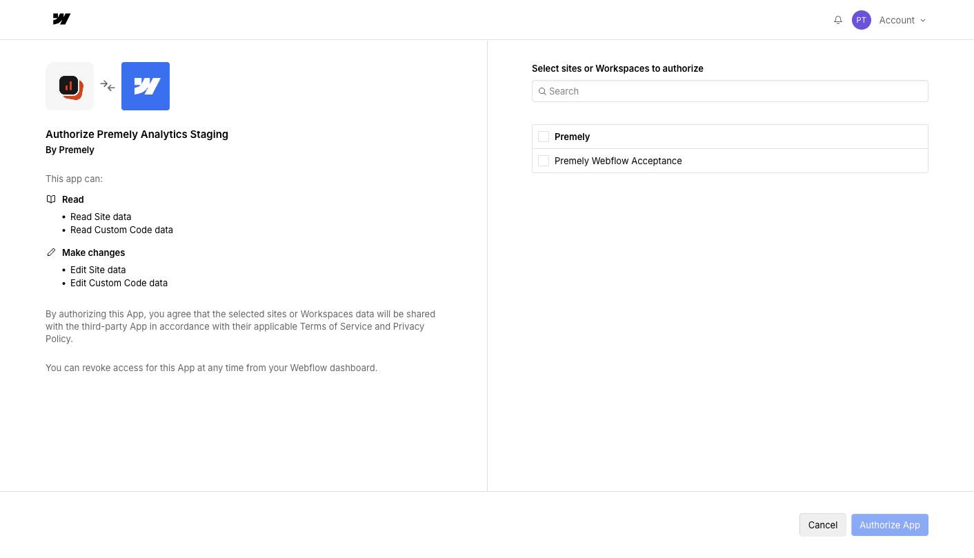 Webflow's authorization screen for selecting the exact site and authorizing Premely.