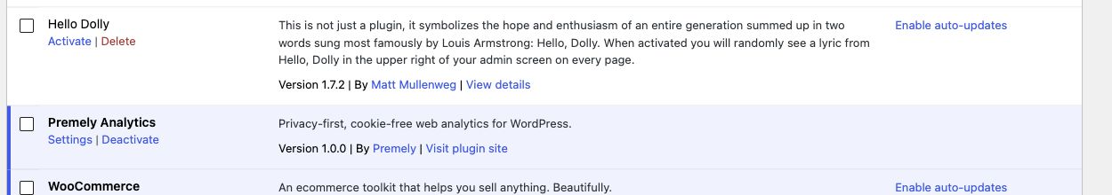 The active Premely Analytics row in the WordPress Plugins screen, between Hello Dolly and WooCommerce.