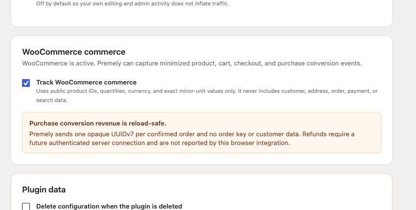 The Premely Analytics WooCommerce commerce card in WordPress, with Track WooCommerce commerce enabled and the privacy boundary shown.
