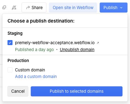 Webflow's Publish menu in light mode with a staging hostname selected and the Publish to selected domains button.