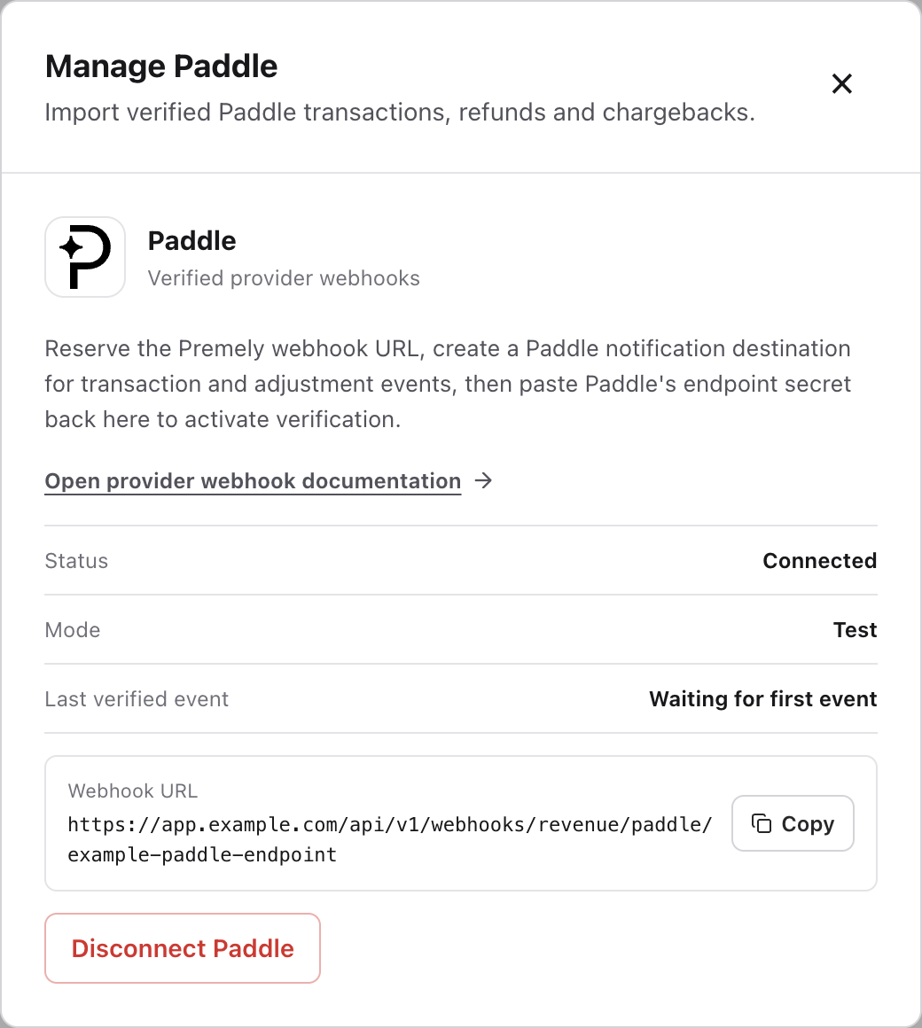 Manage Paddle showing Connected, Test and Last verified event